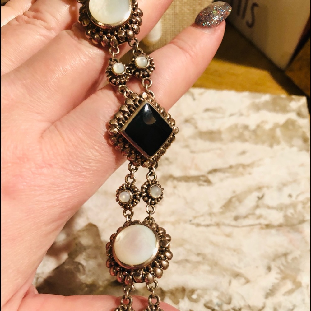Vintage Mother of Pearl black onyx sterling silver bracelet